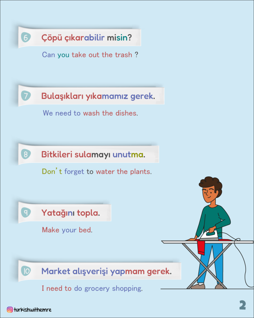 House hold chores common phrases in Turkish