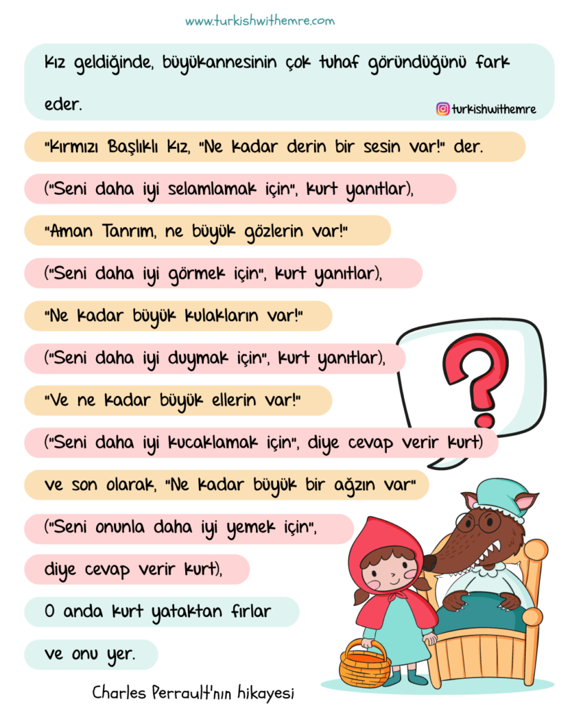 Little red riding girl in Turkish reading text and story