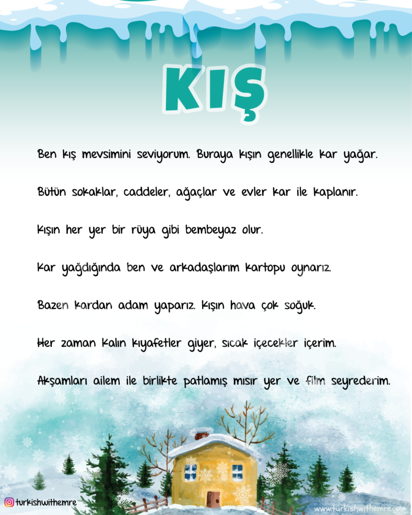 Turkish reading text for beginners "winter and me"
