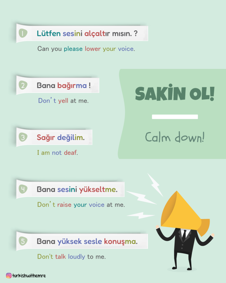 Turkish phrases for asking someone to lower their voice, including translations in English