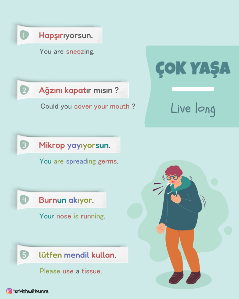 Illustration of common Turkish phrases after sneezing, including Çok Yaşa which means Bless You in Turkish.