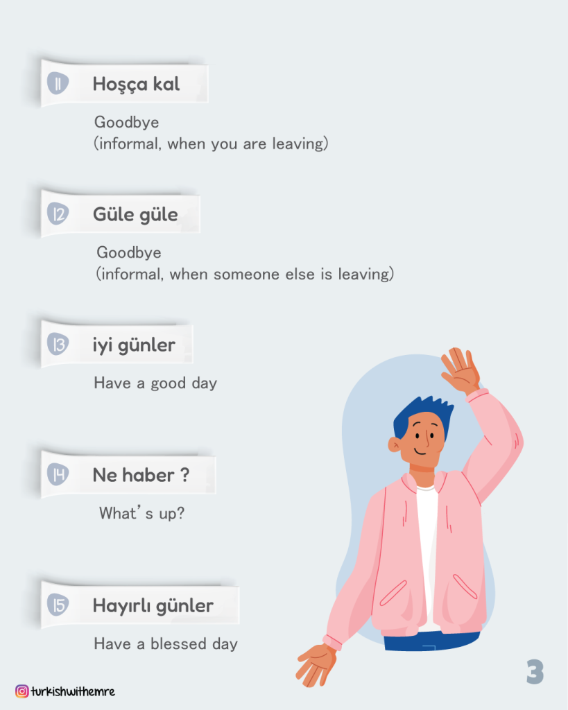 Common Turkish greetings including Merhaba, Günaydın, İyi Akşamlar, and Nasılsın with English translation