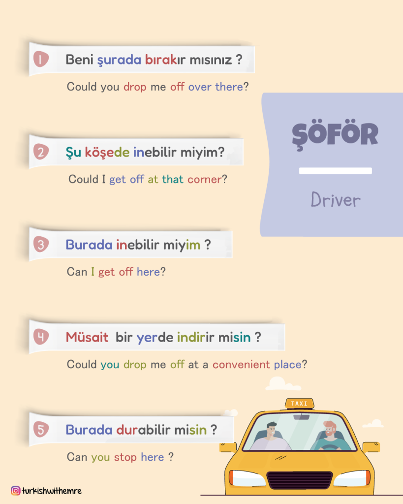 Common Turkish phrases for taking a taxi, including how to ask the driver to stop or drop you off in different locations.